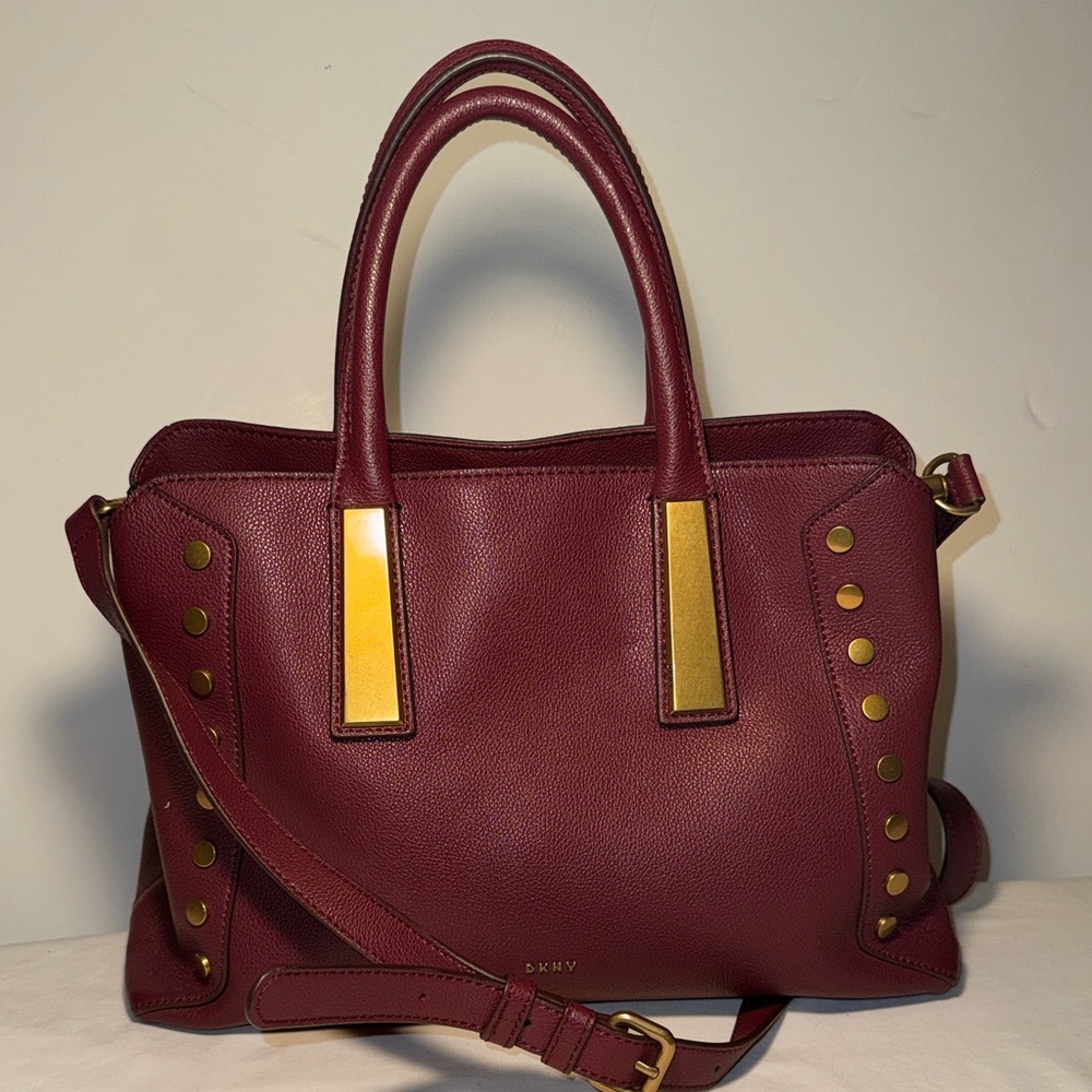 DKNY Burgundy Genuine Leather Satchel Shoulder Bag with Gold Accents New